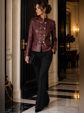 Oxblood Leather Military Jacket Ellen Tracy Bloomingdale’s Size 8 EUC